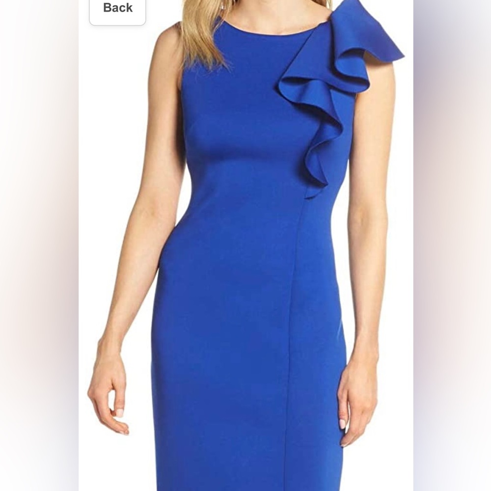 Eliza J Ruffle electric blue sheath dress, size 4